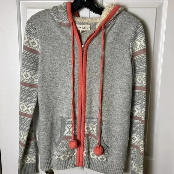 Anthropologie zip up hoodie,sherpa,L.,chunky knit,wool blend,tassels,boho,aztec - Picture 1 of 12